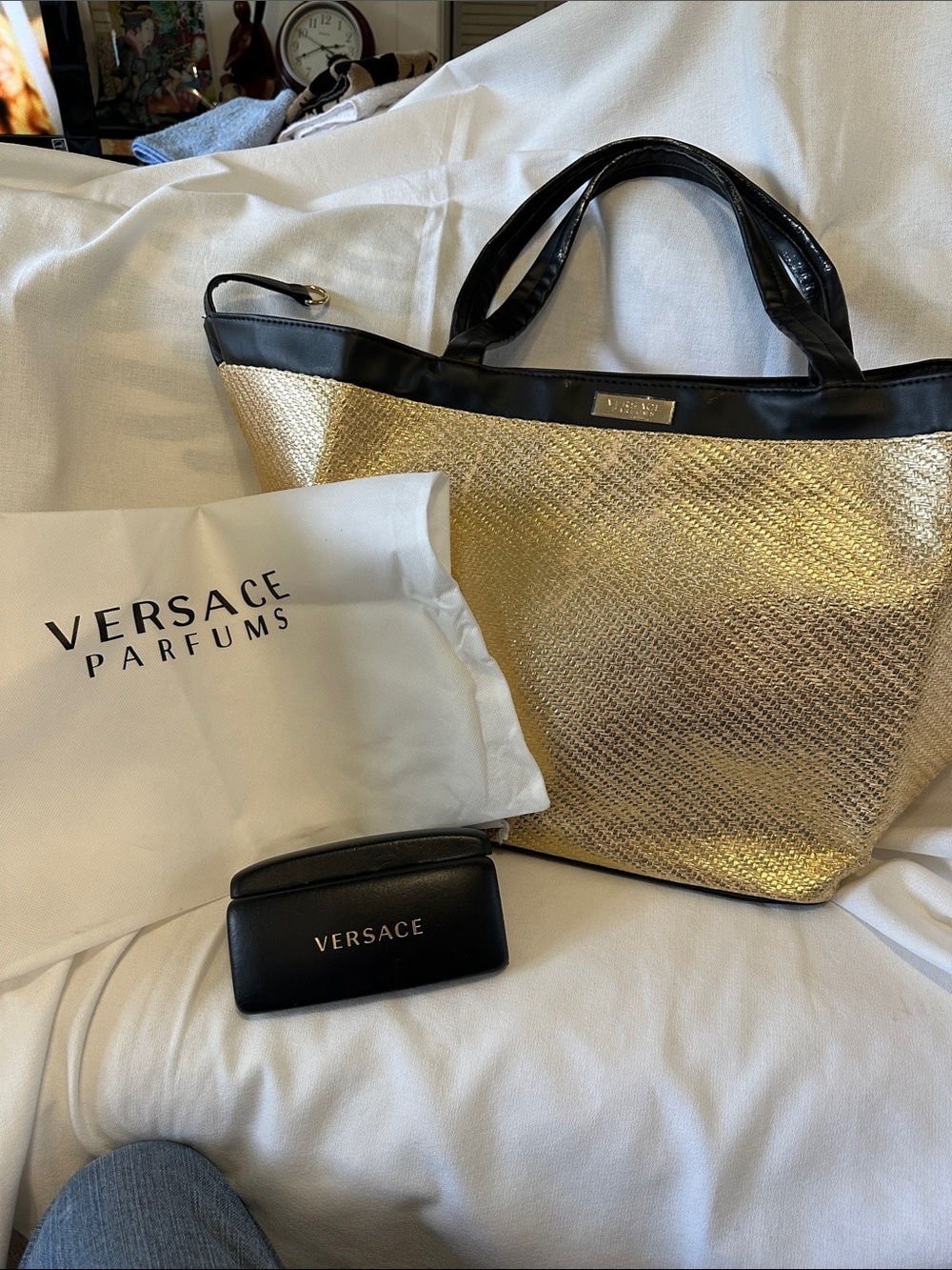 Best deal of Summer 2026 Versace Parfums Gold Tote with Black Trim and Handles